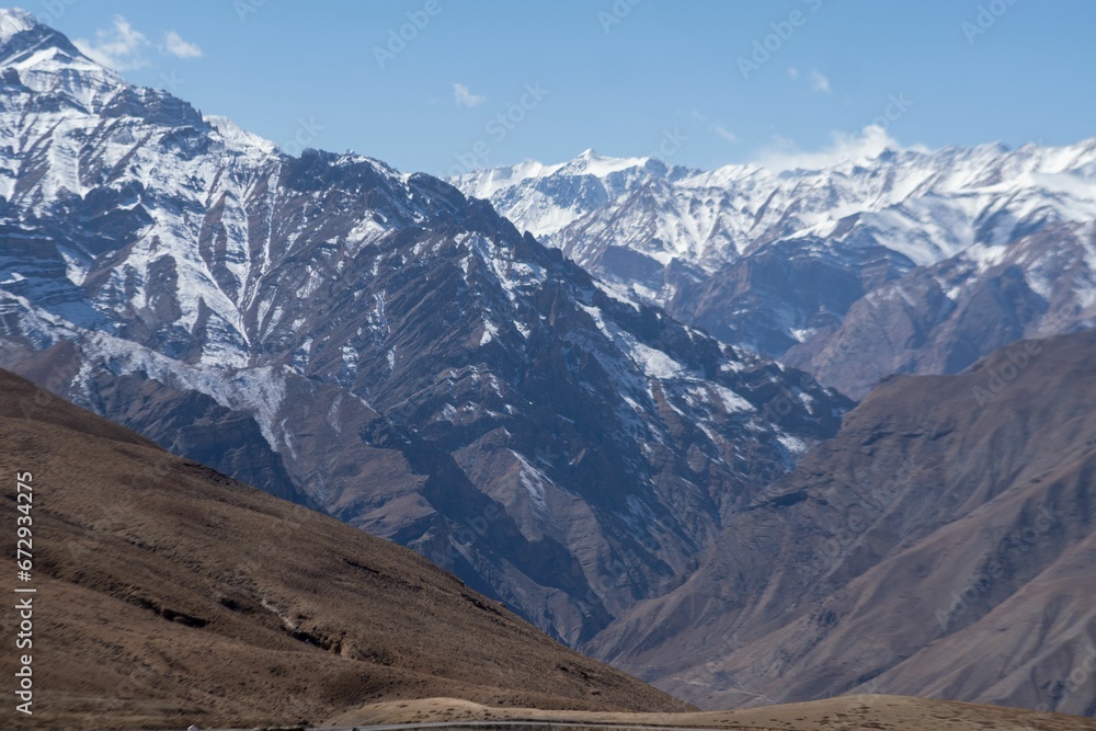Stunning landscape of the Spiti Valley in the Himalayan Mountains, featuring a rocky terrain