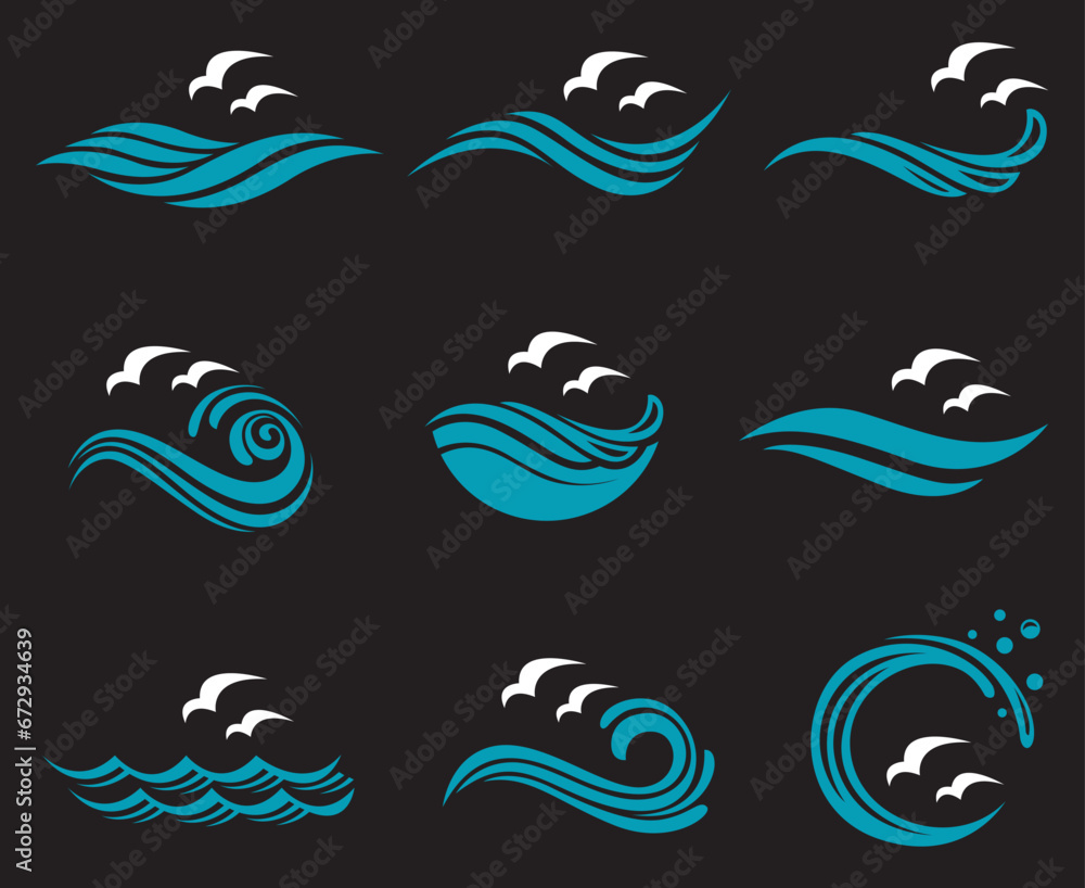 Fototapeta premium abstract collection of sea waves with seagulls isolated on black background