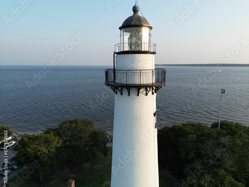 Scenic view of a lighthouse against the sea on St. Simons Island, Georgia, USA