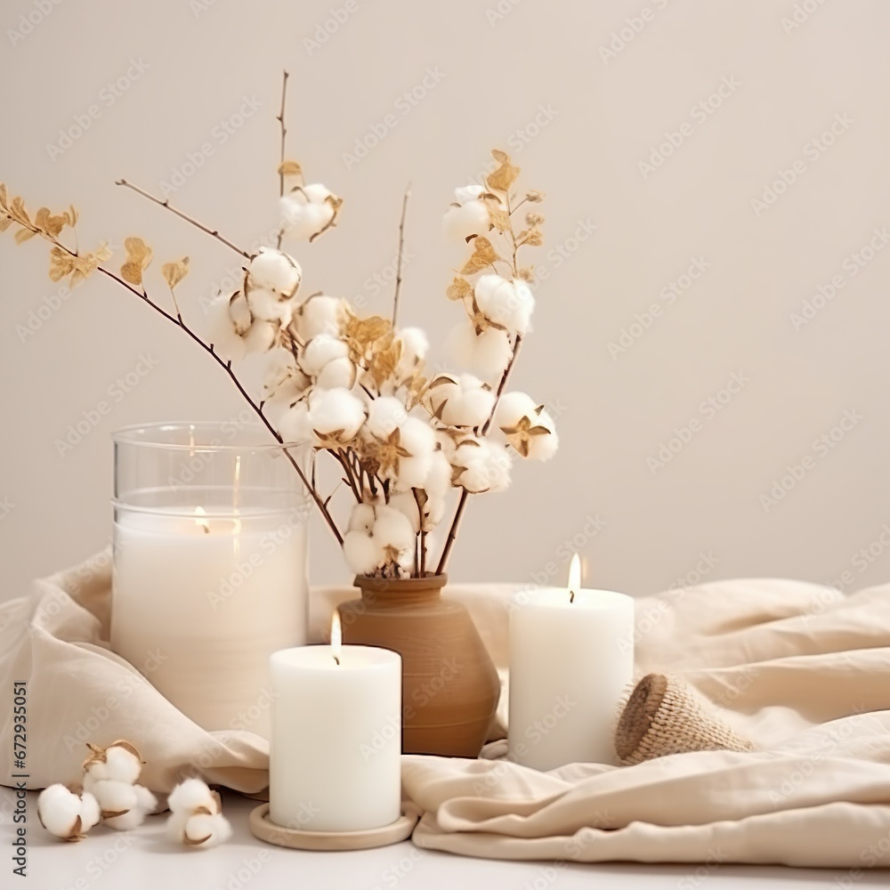 Stylish table with cotton flowers and aroma candles near light wall. Banner for design - Generative AI