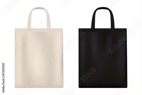 Canvas bag. Black fabric bag  and white cotton eco bag mockup. Fabric bag with handle. Reusable shopping bag. Eco-bag for groceries. Vector illustration