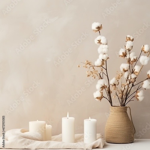 Stylish table with cotton flowers and aroma candles near light wall. Banner for design - Generative AI photo