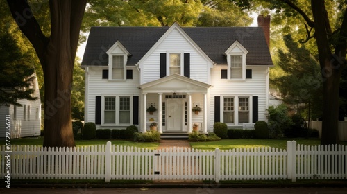 AI generated illustration of a white two-story house with a picket fence in the front