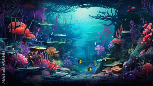 underwater world. coral reef with a fish in the ocean