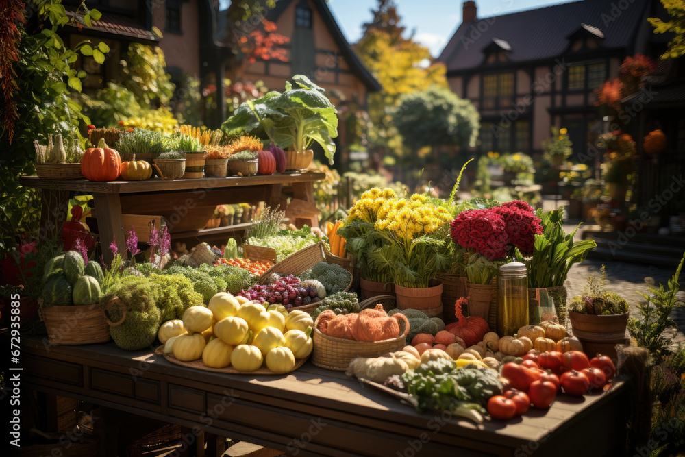 A vibrant urban garden filled with fresh produce, representing sustainable agriculture initiatives aimed at alleviating hunger and poverty. Generative Ai.