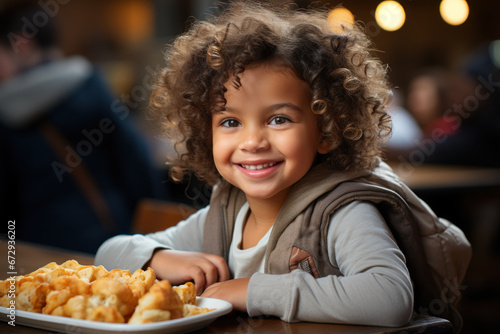 A young child enjoying a nutritious school meal  highlighting the importance of school feeding programs in addressing hunger. Generative Ai.