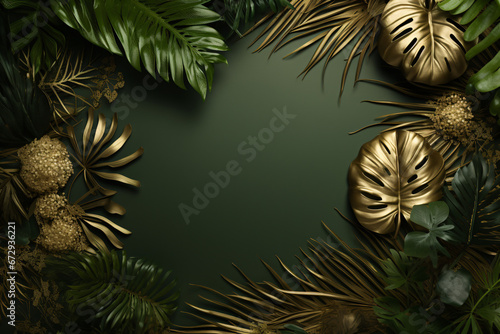 luxurious backgroumd with green and golden leaves photo