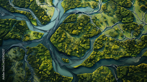 aerial view of mangrove trees, mangrove forest and river