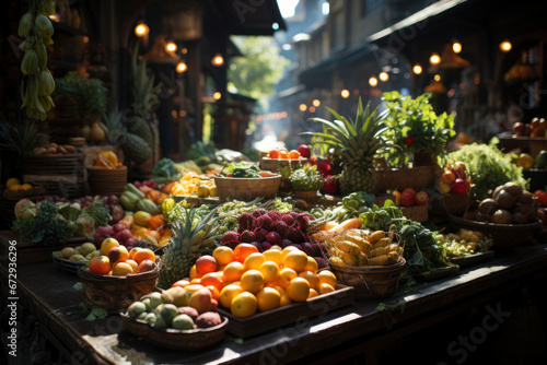 A bustling marketplace filled with colorful fruits and vegetables, showcasing the abundance of nutritious choices. Generative Ai.