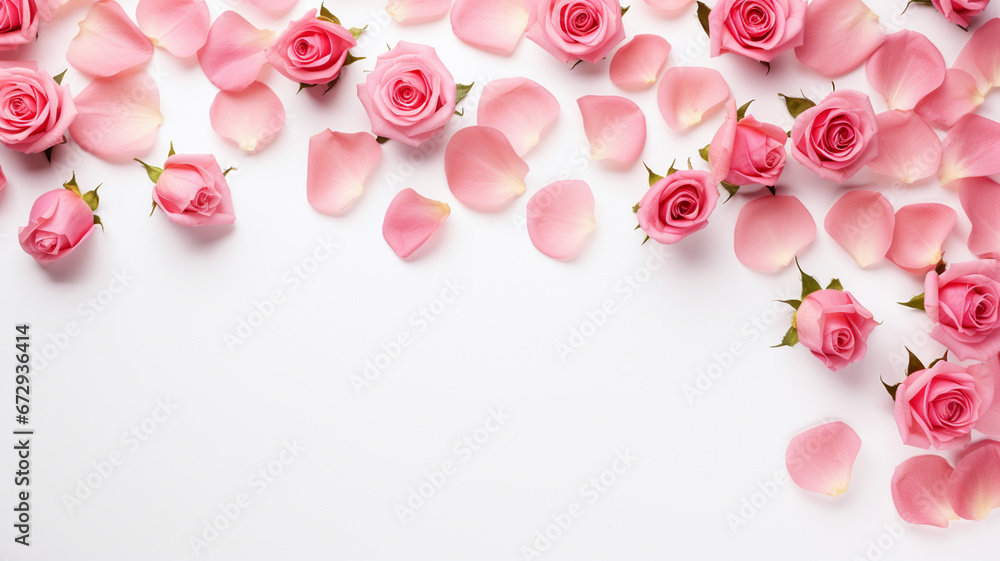 beautiful pink roses on white background, flat lay. space for text