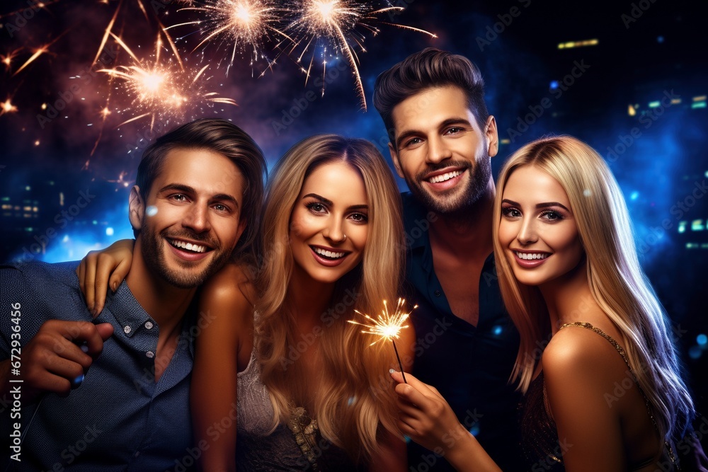 Silvester Spectacular: Friends Gather in a Lively Night Club, Sparklers in Hand, to Celebrate the New Year with Smiles, Dancing, and a Burst of Fireworks