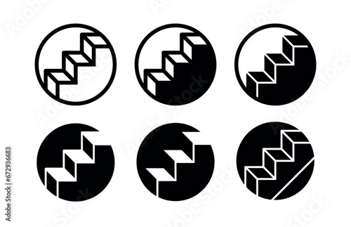 Set of stairs or steps icons. Ladder, symbol of rise, upward movement or advancement in work. Steps denoting development, knowledge and skills or improvement.