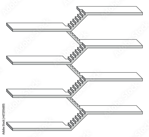 Staircase or steps 2D. Symbol of rise or level, upward movement or advancement in work. Steps, designation of development or stage, knowledge and skills or improvement.