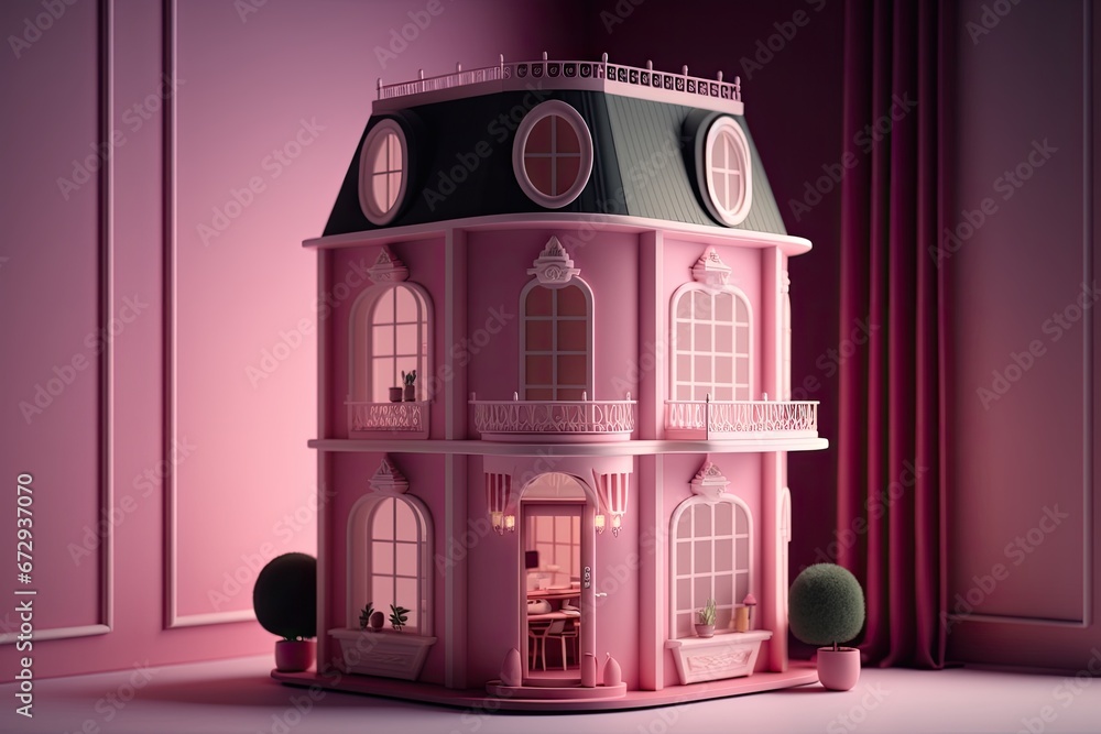 Cute pink dollhouse. Stylish home for a doll. Generative Ai Cute pink dollhouse. Stylish home for a doll. Generative Ai