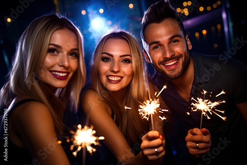 Silvester Spectacular: Friends Gather in a Lively Night Club, Sparklers in Hand, to Celebrate the New Year with Smiles, Dancing, and a Burst of Fireworks