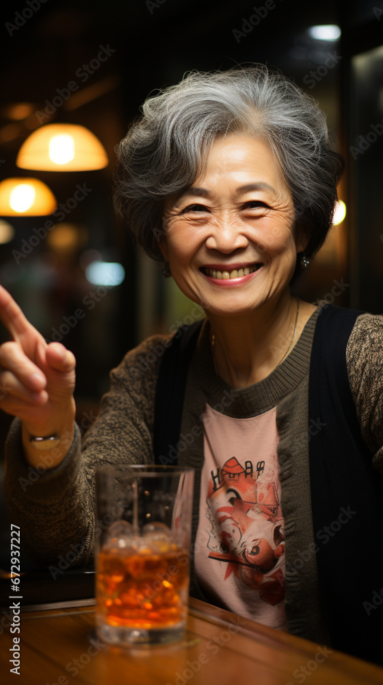 Photo of mid aged happy woman drinking alcohol, sitting in the public bar. AI Generative
