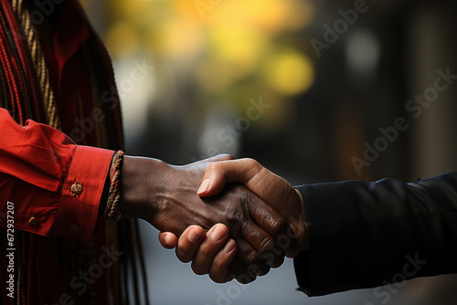 A historic handshake between leaders of a former colonial power and a newly independent nation, demonstrating diplomatic relations post-colonization. Generative Ai. photo