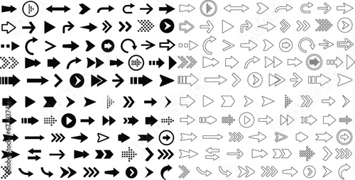 Arrows big black set icons. Arrow line and flat icon. Arrow vector collection. Cursor. Modern simple arrows. stock Vector