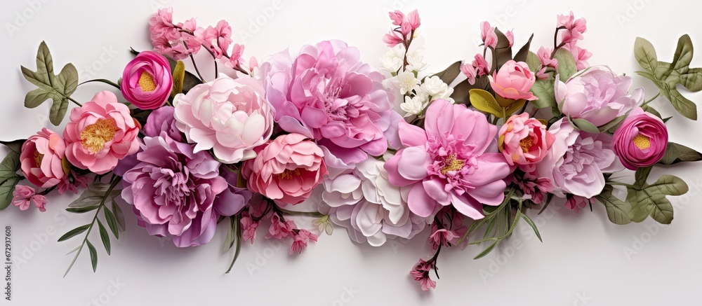 Flower composition featuring rosy shades of roses peonies and matthiola blossoms Flower composition featuring rosy shades of roses peonies and matthiola blossoms