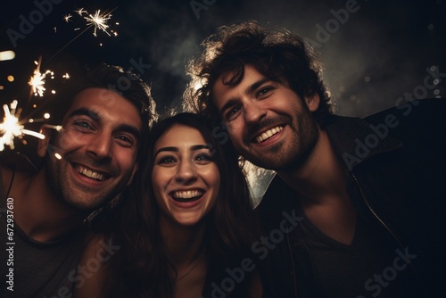 New Year's Revelry: Friends Light Up the Night with Sparklers in a Energetic Night Club, Ushering in Silvester with Laughter, Dancing, and Festive Delight