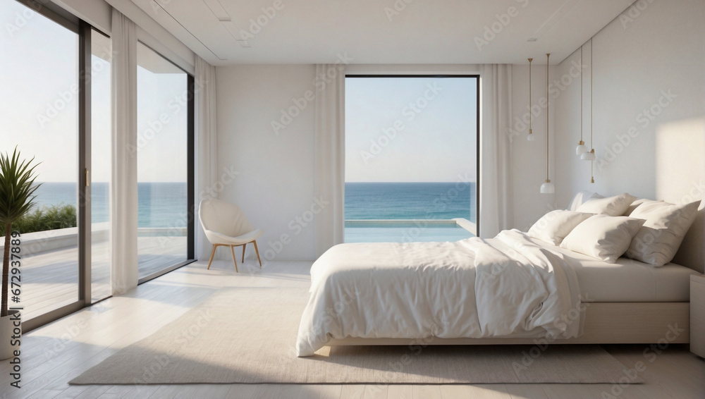 Bellissima camera da letto con arredamento minimalistico, con colori naturali ed eleganti e finestre che si aprono sul mare