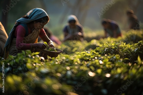 A scene from a tea plantation in Asia, with female tea pickers capturing the traditional culture of agricultural work.
