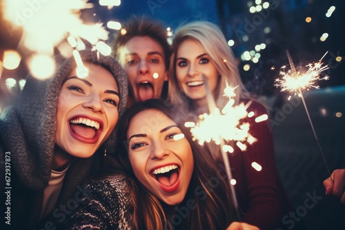 New Year's Revelry: Friends Light Up the Night with Sparklers in a Energetic Night Club, Ushering in Silvester with Laughter, Dancing, and Festive Delight