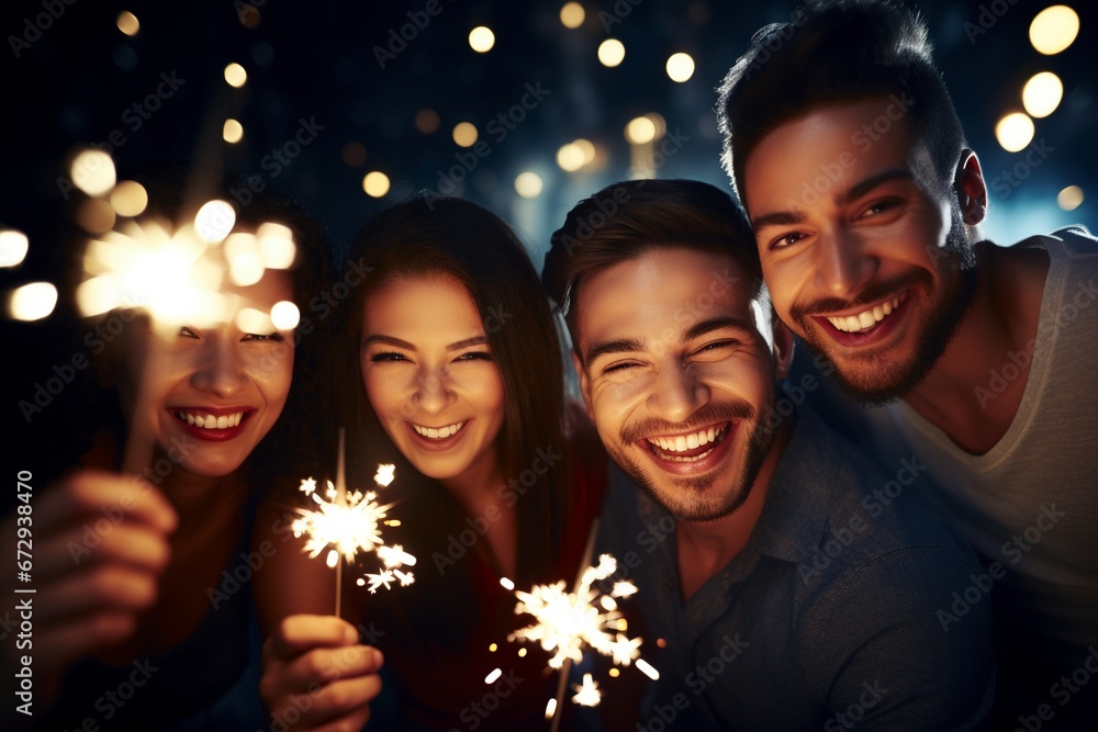 Fototapeta premium Festive Silvester Celebration: Friends Unite in a Night Club, Sparklers in Hand, Radiating Happiness, Laughter, and the Spirited Joy of Welcoming the New Year