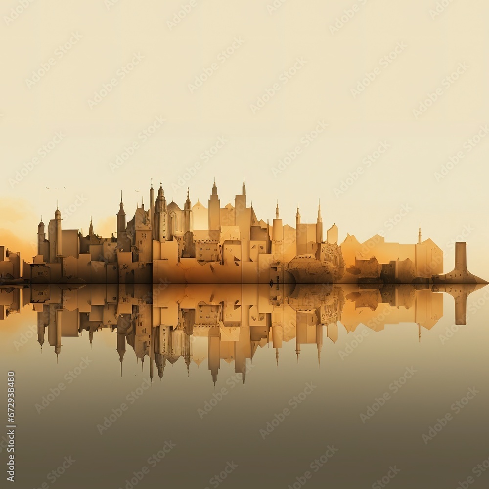 The silhouette of a medieval city on a sunset background, flat design. Ancient cityscape skyline on duotone, vector. Minimalist style horizon made with shadow