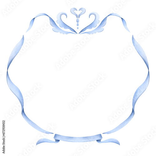 Blue ribbon frame illustration. Watercolor ribbon frame suitable for design wedding invitation, card and print