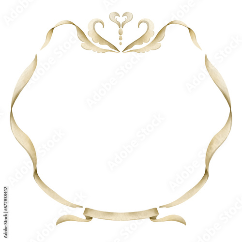 Vintage Watercolor crest. Hand painted ribbon  crest design for wedding invitation, card and print 