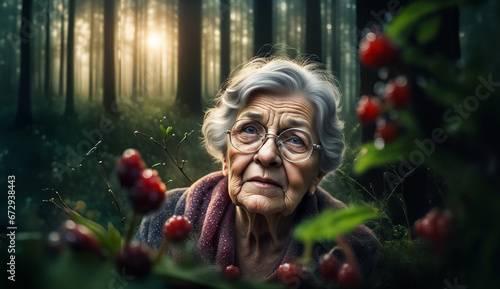 Obraz na płótnie old grandma woman in forest w salonie