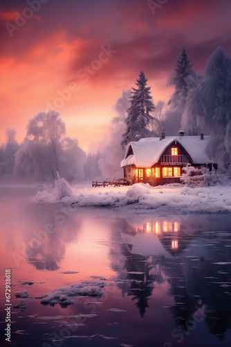 Winter landscape with a snow covered cottage by a tranquil lake, and frosty trees under a sunset sky. Copy space