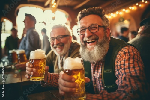 A cheerful group of friends in a pub, celebrating and enjoying their time with beer, toasts, and laughter. © Andrii Zastrozhnov