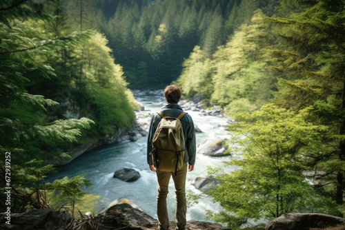 A solo traveler explores the stunning landscapes of nature, with a focus on forests, rivers, and mountain scenery during a hiking adventure.
