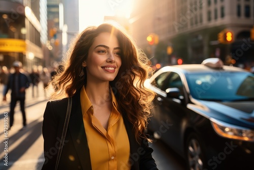 A young, happy woman with curly hair enjoys a bright day in the city, radiating confidence and joy. © Andrii Zastrozhnov