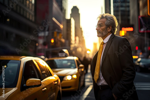 Mature businessman in a stylish suit, exuding confidence in the urban city, a symbol of success. © Andrii Zastrozhnov