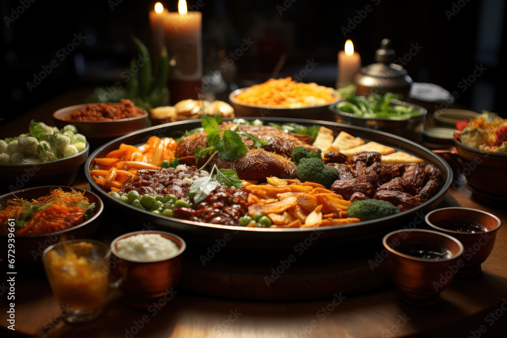 A table with a traditional meal from a different culture, celebrating food diversity and its role in nutrition. Generative Ai. A table with a traditional meal from a different culture, celebrating food diversity and its role in nutrition. Generative Ai.