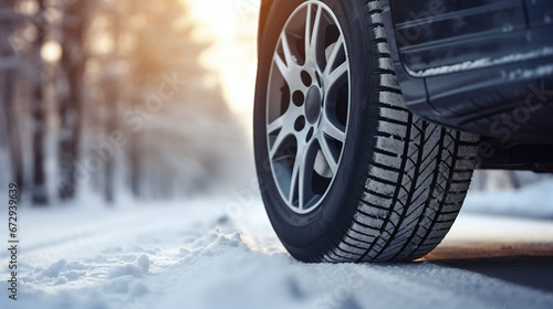close up detail part of a car with tires in focus in a snowy winter landscape © bmf-foto.de