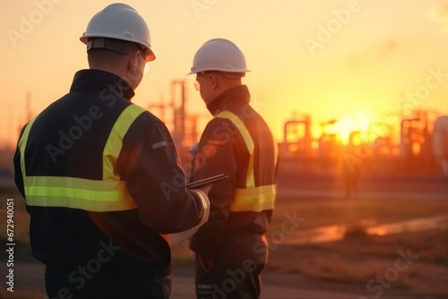 Engineer survey of oil refiner and control worker from portable radio on storage tank in sunset background