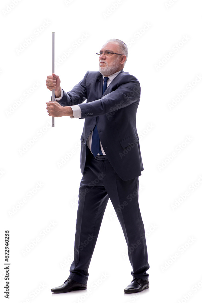Old businessman holding metal stick isolated on white Old businessman holding metal stick isolated on white