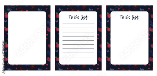 Set of cute vector lined check list, note with cartoon berries small cowberry, currant, blueberry, blackberry, mulberry, nectarine, plum. Ready for print. Stylish planner, notes and checklist