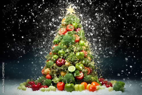 Christmas tree made of vegetables and fruits on snow with falling snowflakes © Maryna