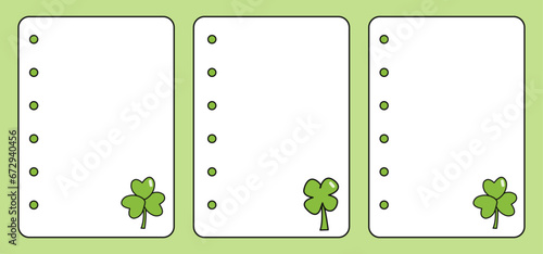 Page for note, notes, memo, check list, to do list with green clover and four-leaf clovers. Printable cute checklist for Saint Patricks Day