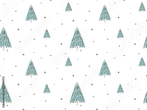 Abstract Doodle Line drawn Christmas trees on white Background. Seamless Winter Holiday Pattern. Snow Xmas pine fir spruce ornament