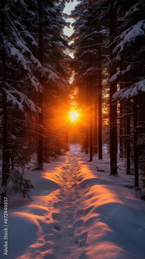 Sunset in the forest. Winter season.
