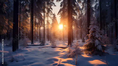 Sunset in the forest. Winter season. © Moon Project