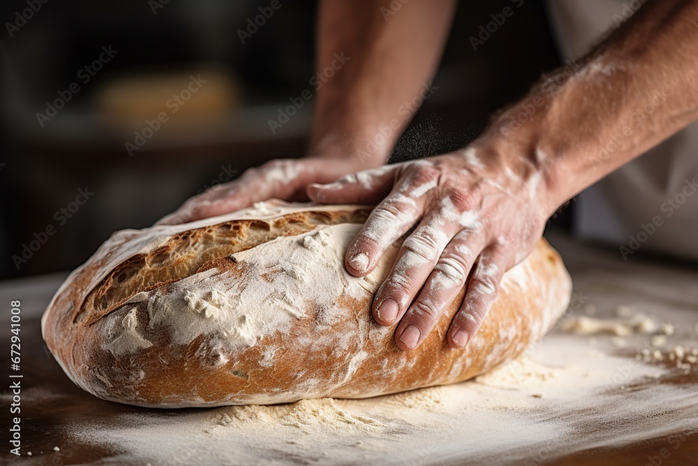 Handsome baker's hands dusting flour on a wooden surface before rolling out dough, Flour preparation, Culinary process, Generative Ai 