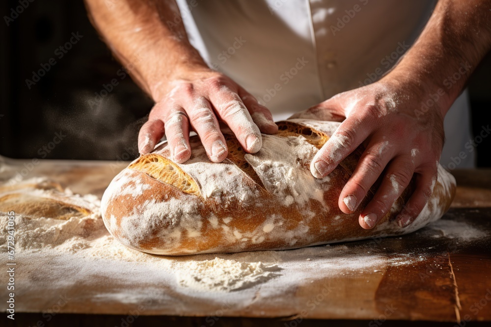Handsome baker's hands dusting flour on a wooden surface before rolling out dough, Flour preparation, Culinary process, Generative Ai 
