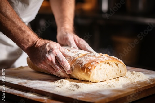 Handsome baker's hands dusting flour on a wooden surface before rolling out dough, Flour preparation, Culinary process, Generative Ai 